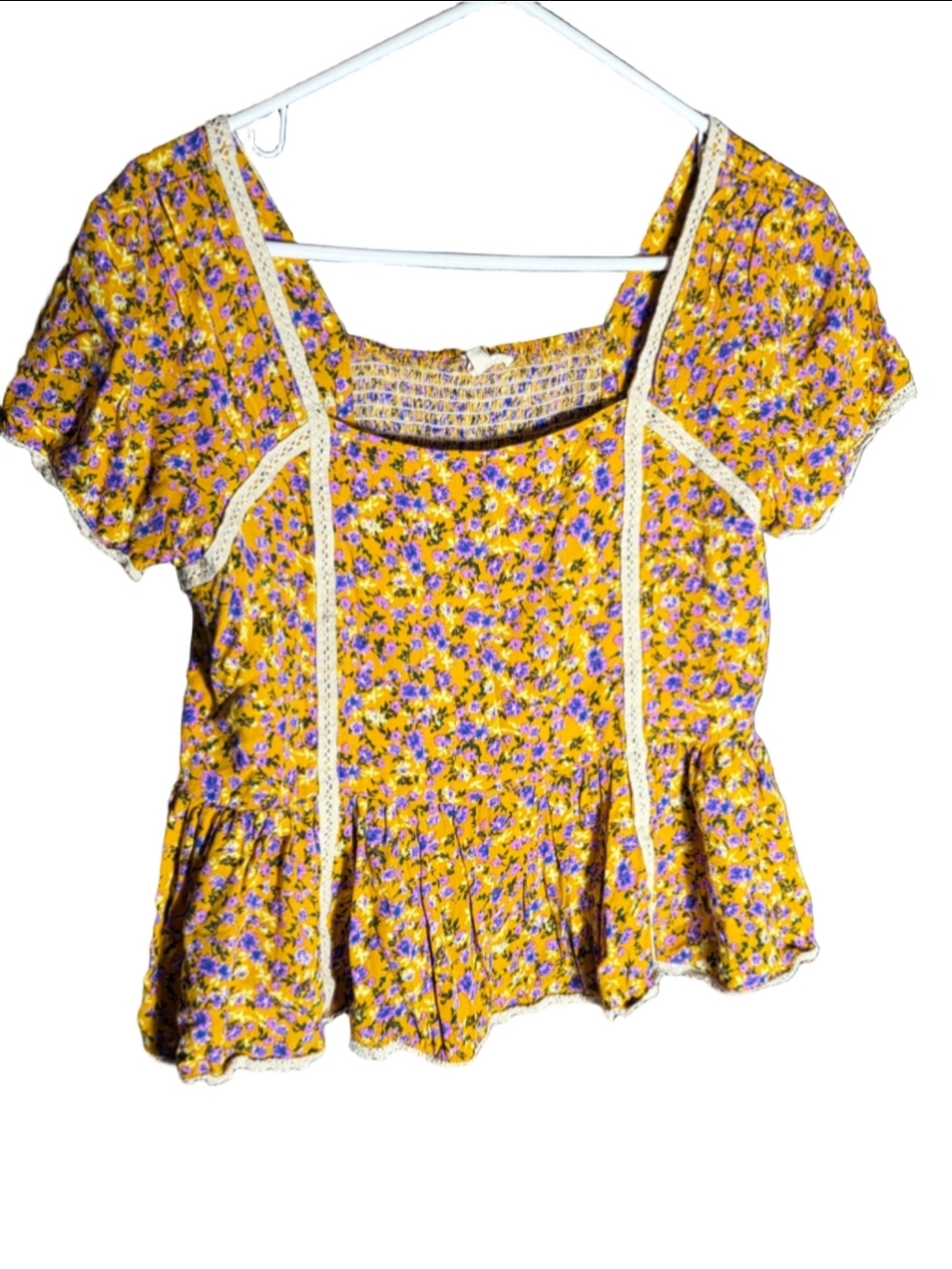 Women's Easel Yellow Purple Floral Smocked Crop Top S boho lace cottagecore y2k